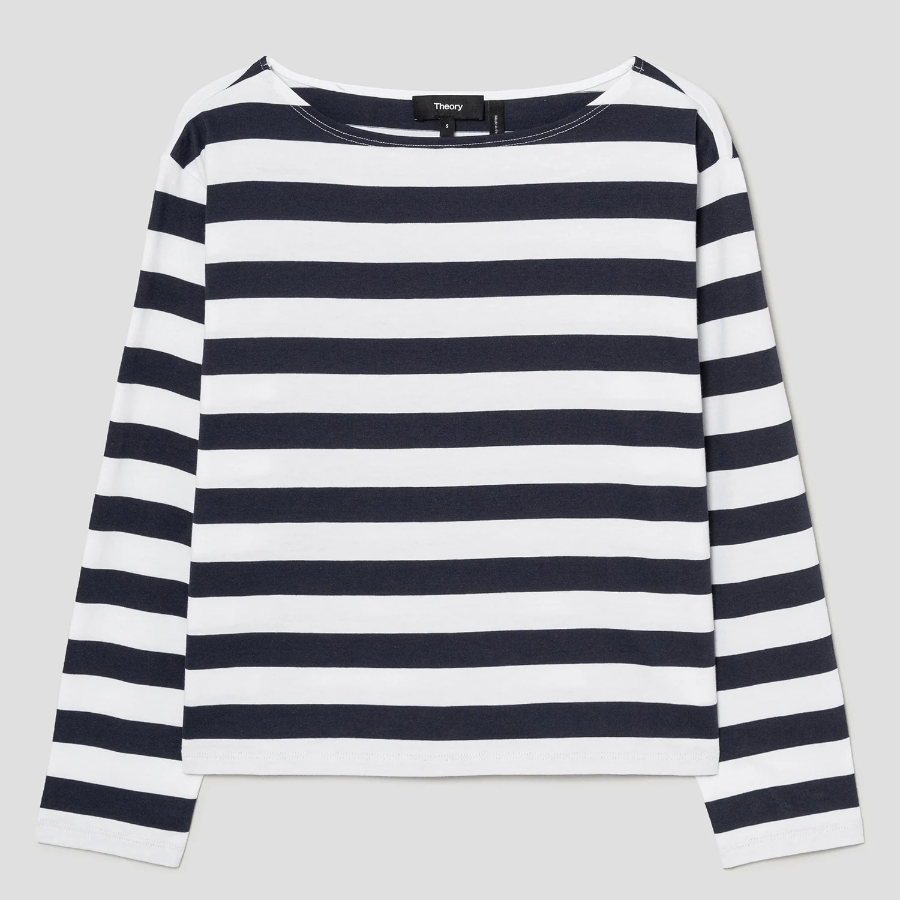 Theory Women Wide Stripe Boatneck Tee - Navy Multi