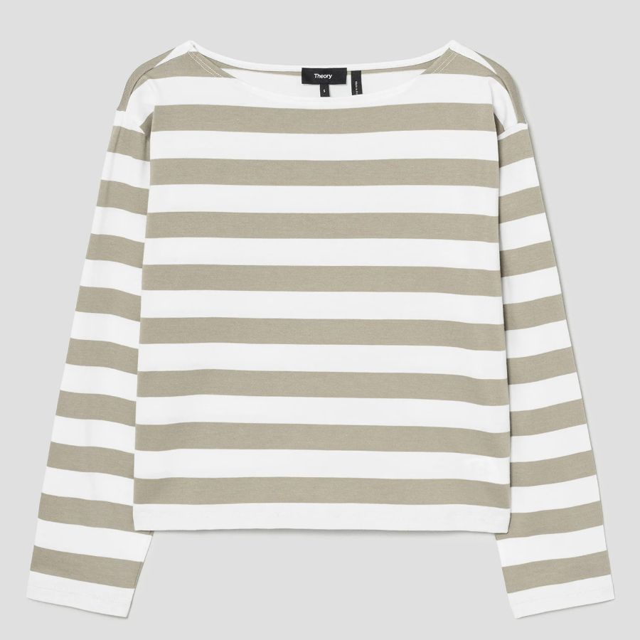 Theory Women Wide Stripe Boatneck Tee - Taupe Multi