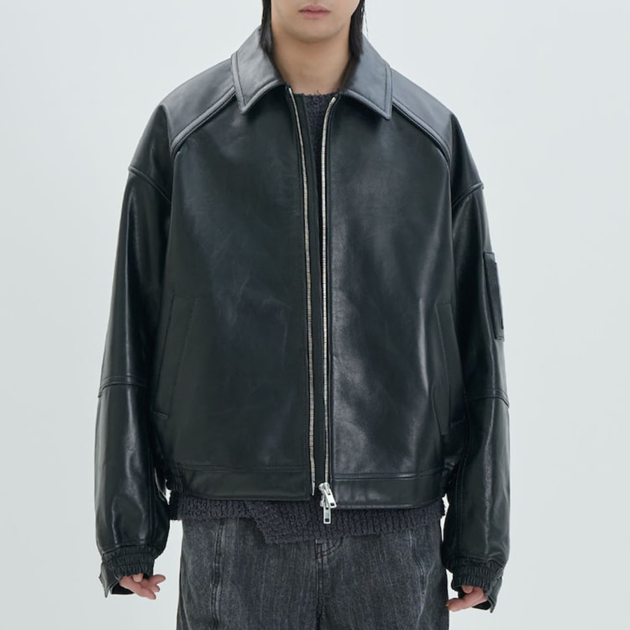 JUUN.J (Унисекс) Куртка Washed Leather Stand Collar MA-1 Jumper – Black