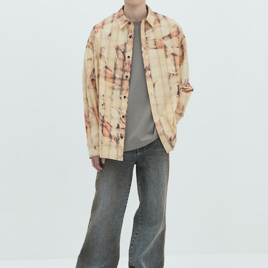 JUUN.J (Унисекс) Рубашка Sun-Bleach Print Check Loose-Fit Shirt – Yellowish Brown