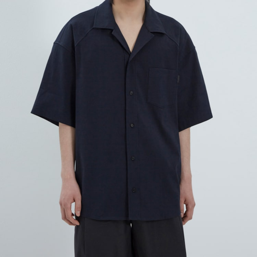 JUUN.J (Унисекс) Рубашка [CORE] Summer Linen Open-Collar Loose-Fit Short-Sleeve Shirt – Navy