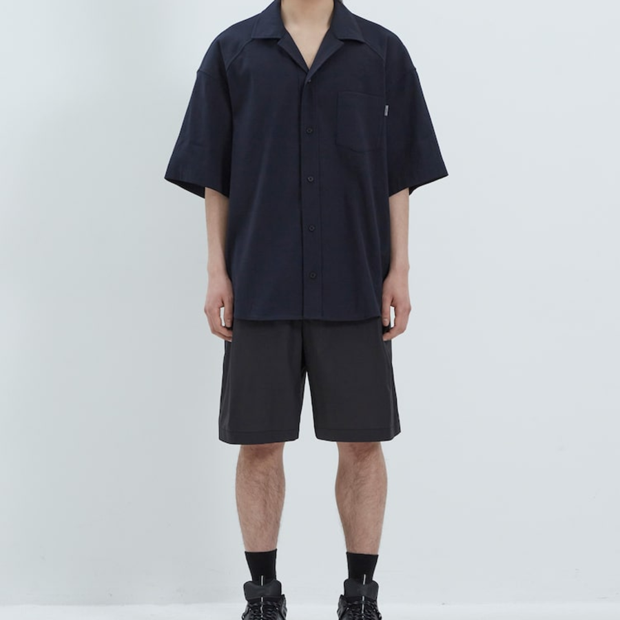 JUUN.J (Унисекс) Рубашка [CORE] Summer Linen Open-Collar Loose-Fit Short-Sleeve Shirt – Navy