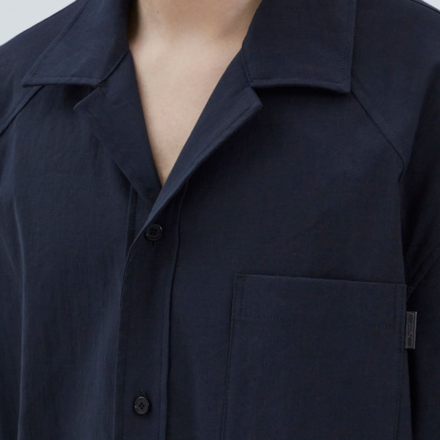 JUUN.J (Унисекс) Рубашка [CORE] Summer Linen Open-Collar Loose-Fit Short-Sleeve Shirt – Navy
