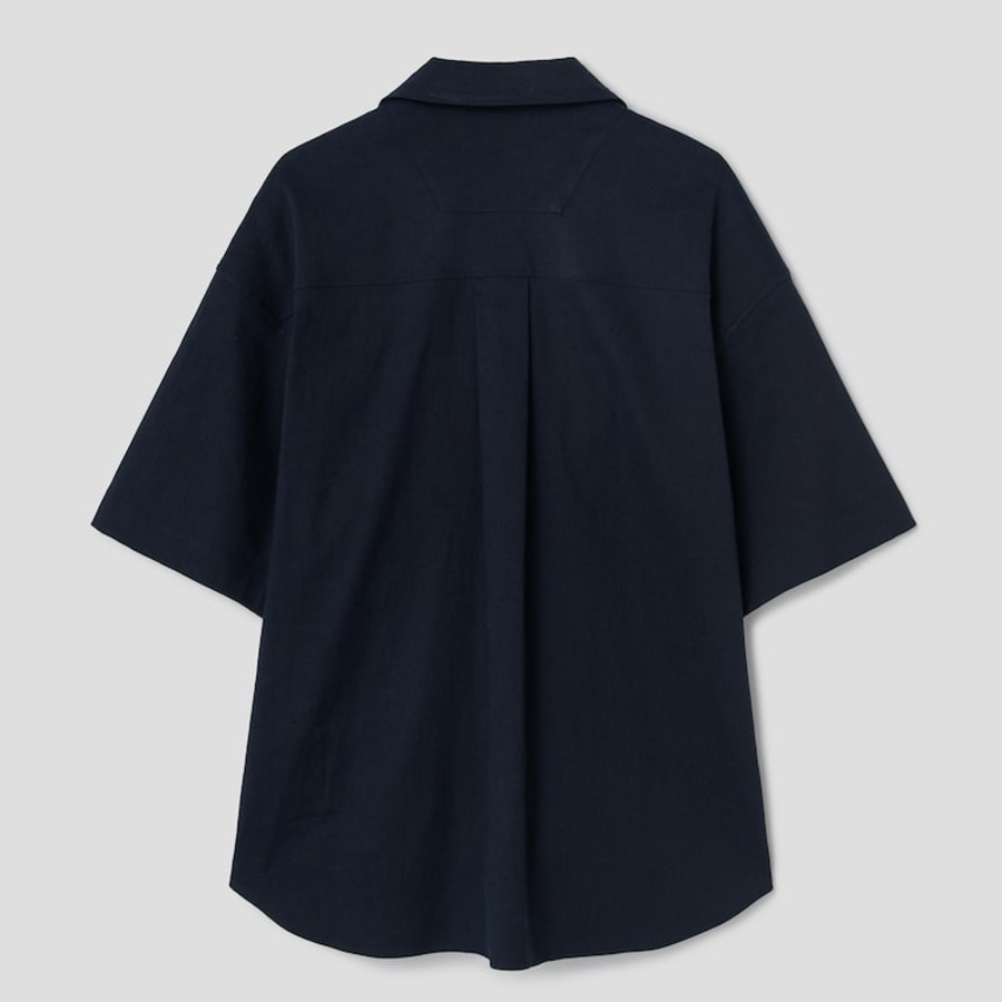 JUUN.J (Унисекс) Рубашка [CORE] Summer Linen Open-Collar Loose-Fit Short-Sleeve Shirt – Navy