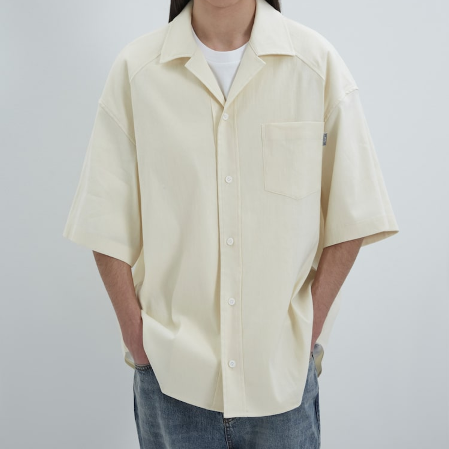 JUUN.J (Унисекс) Рубашка [CORE] Summer Linen Open-Collar Loose-Fit Short-Sleeve Shirt – Ivory