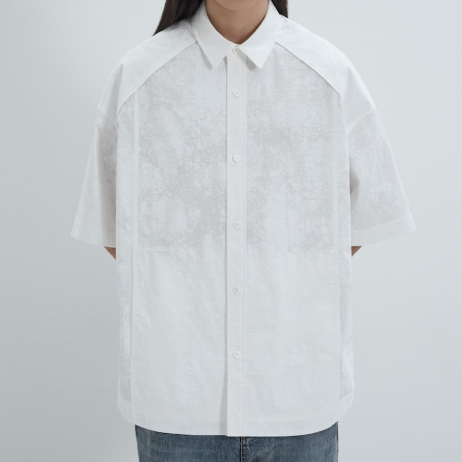 JUUN.J (Унисекс) Рубашка [CORE] Painting Stripe Hidden Pocket Piping Oversized Short-Sleeve Shirt – White