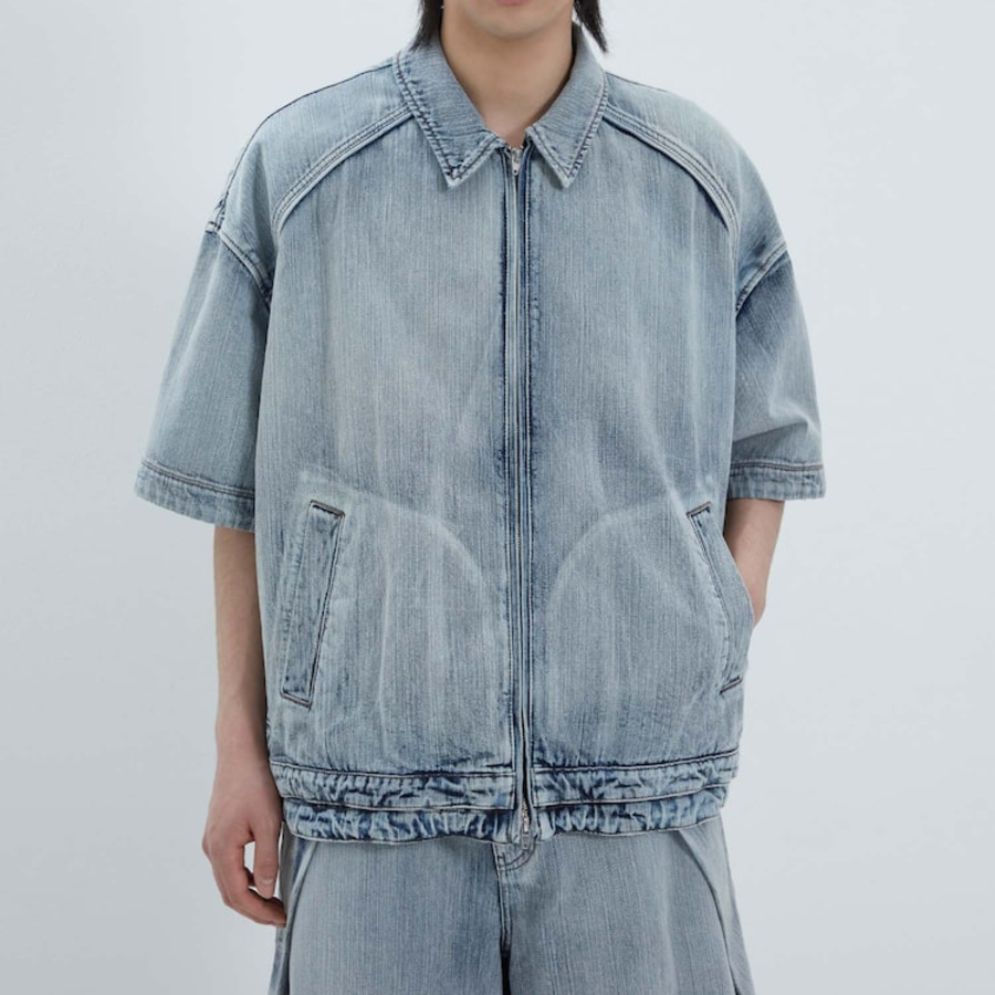 JUUN.J (Унисекс) Рубашка Denim Zip-Up Short-Sleeve Shirt – Blue