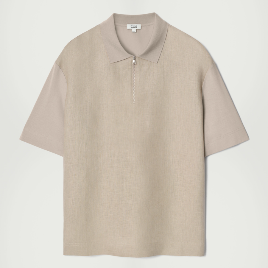 COS – Contrast Panel Linen Half-Zip Polo Shirt