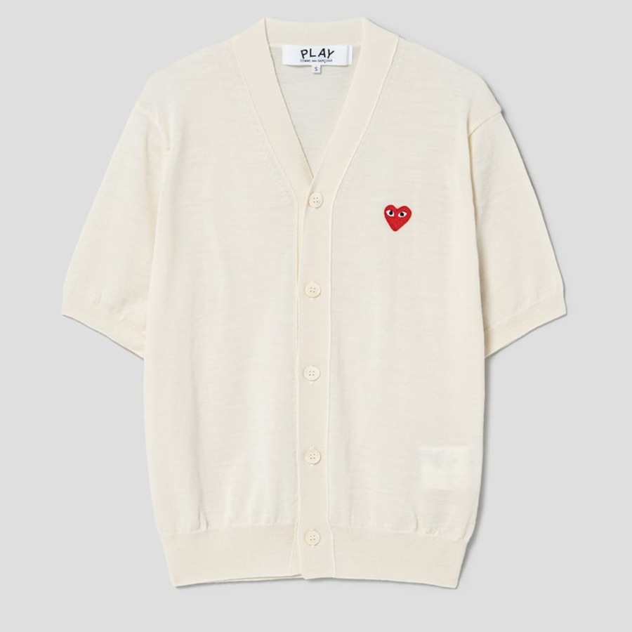 PLAY COMME DES GARÇONS (Unisex) Red Wappen Short Sleeve V-neck Cardigan – White