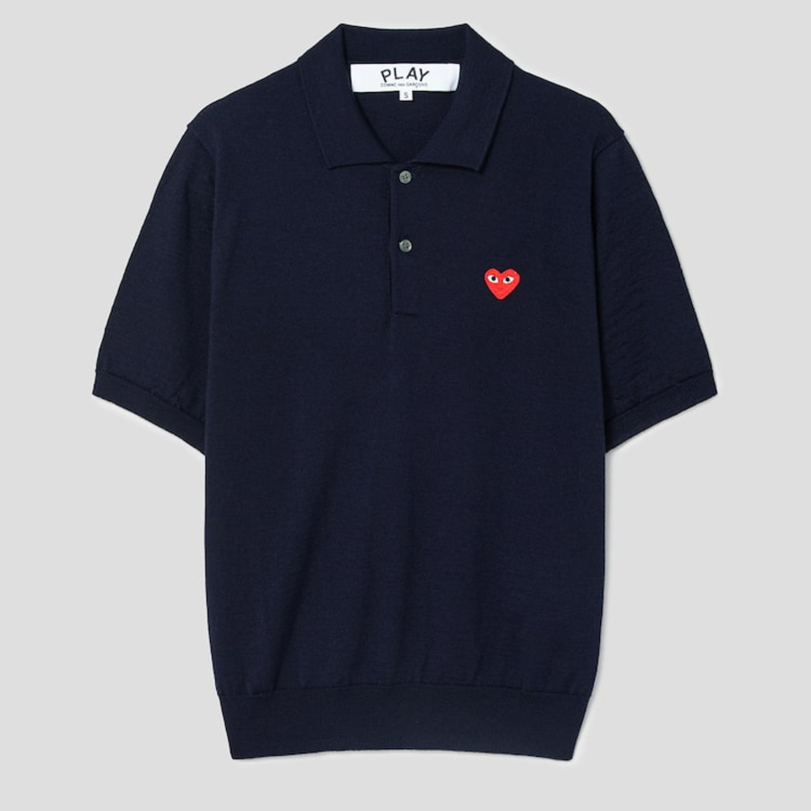 PLAY COMME DES GARÇONS (Unisex) Red Heart Wappen Short Sleeve Polo Knit – Navy