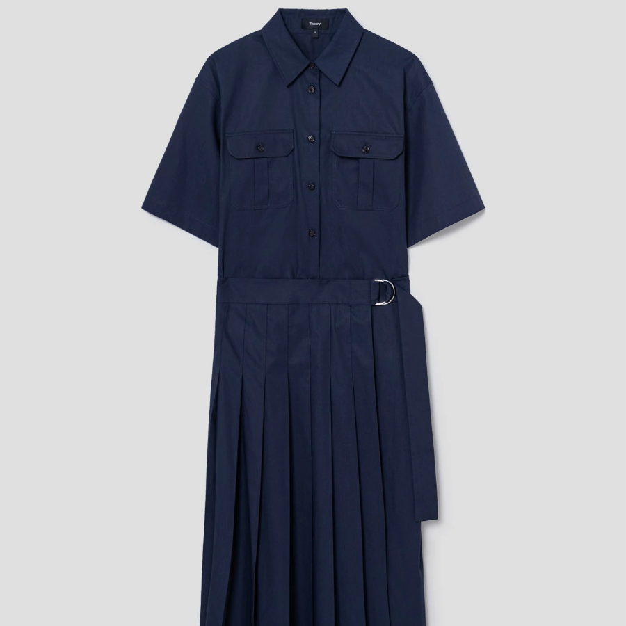 Theory Women Sleek Poplin Pleats Wrap Dress - Nocturne Navy