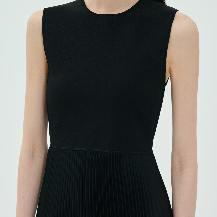 Theory Women Satin Texture Combo Pleated Dresss - Black