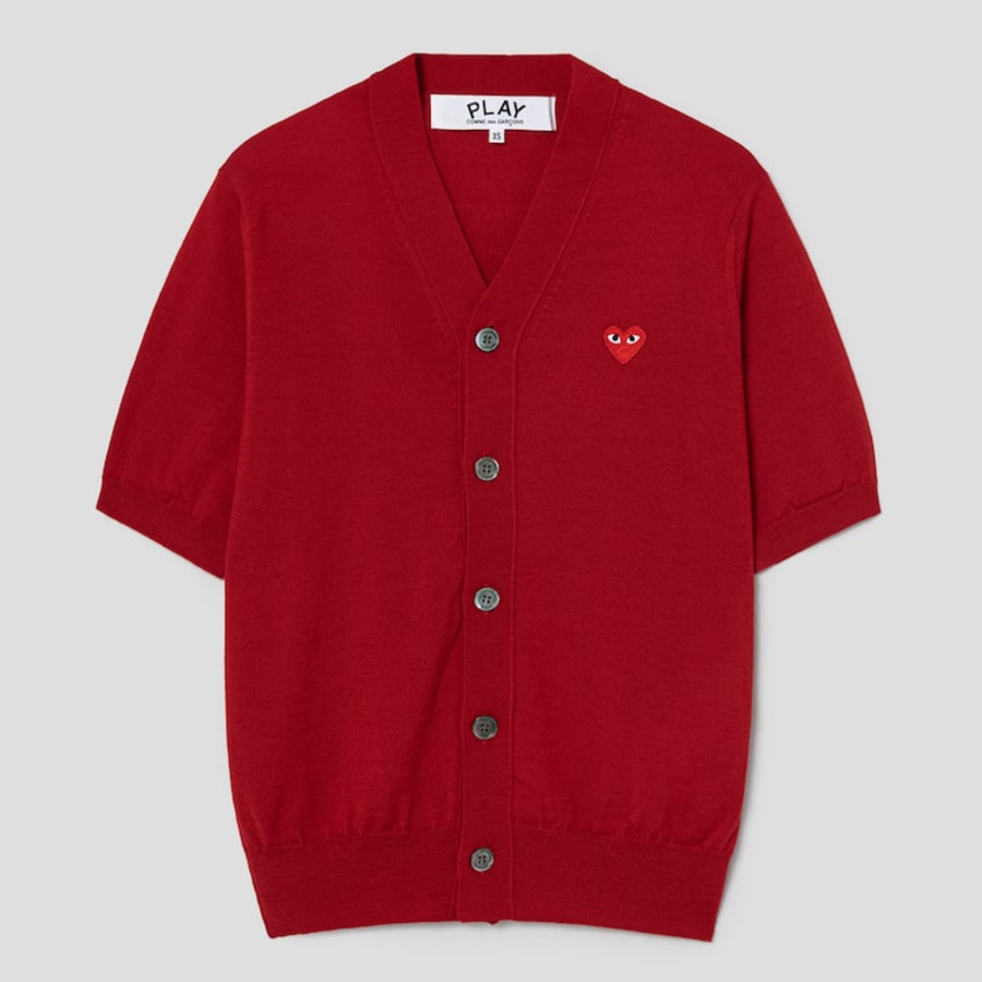 PLAY COMME DES GARÇONS (Unisex) V-Neck Short Sleeve Cardigan – Red