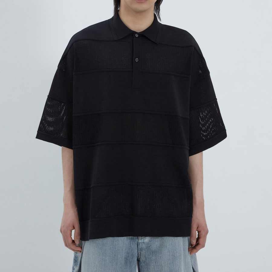 JUUN.J Mixed-Structure Sheer Terry Polo Knit – Black