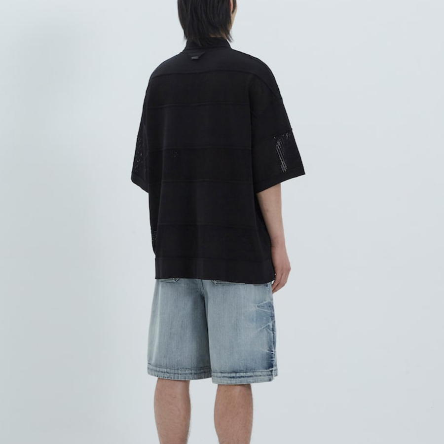 JUUN.J Mixed-Structure Sheer Terry Polo Knit – Black