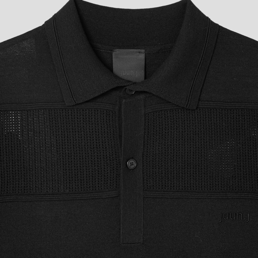JUUN.J Mixed-Structure Sheer Terry Polo Knit – Black