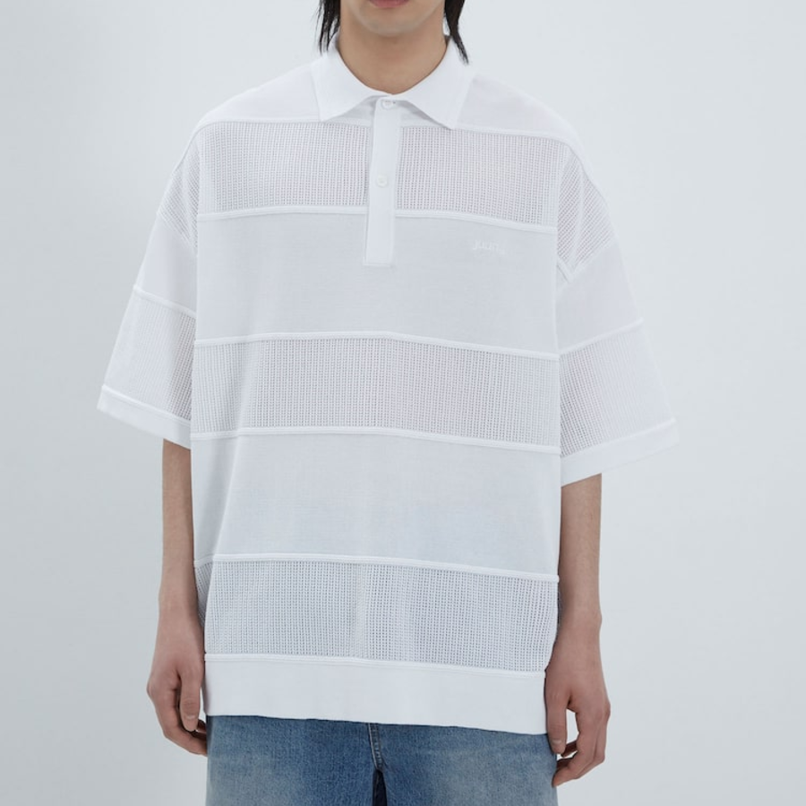 JUUN.J Mixed-Structure Sheer Terry Polo Knit – White