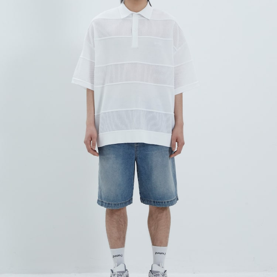 JUUN.J Mixed-Structure Sheer Terry Polo Knit – White