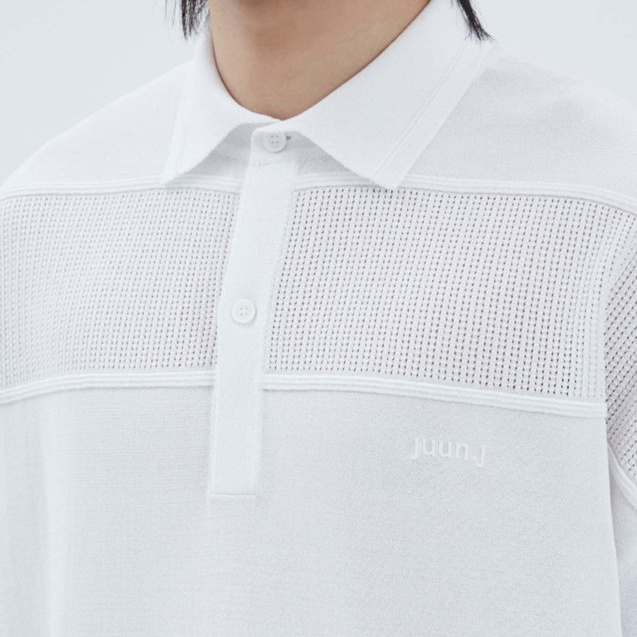 JUUN.J Mixed-Structure Sheer Terry Polo Knit – White