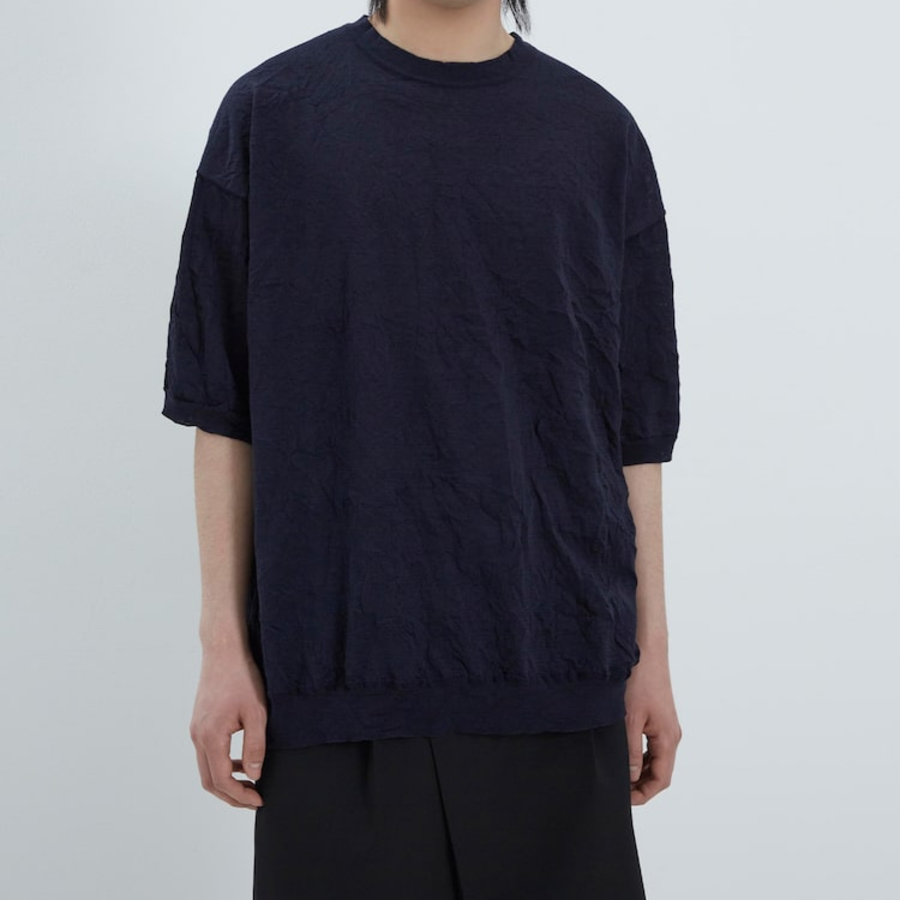 JUUN.J Crinkled Pullover Half Sleeve Knit – Navy