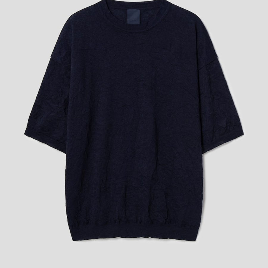 JUUN.J Crinkled Pullover Half Sleeve Knit – Navy