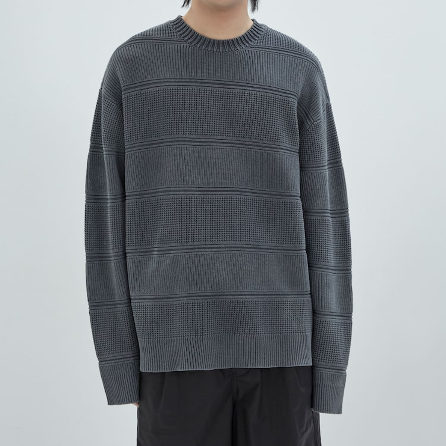 JUUN.J Mixed Texture Stripe Dyed Pullover Sweater – Ash