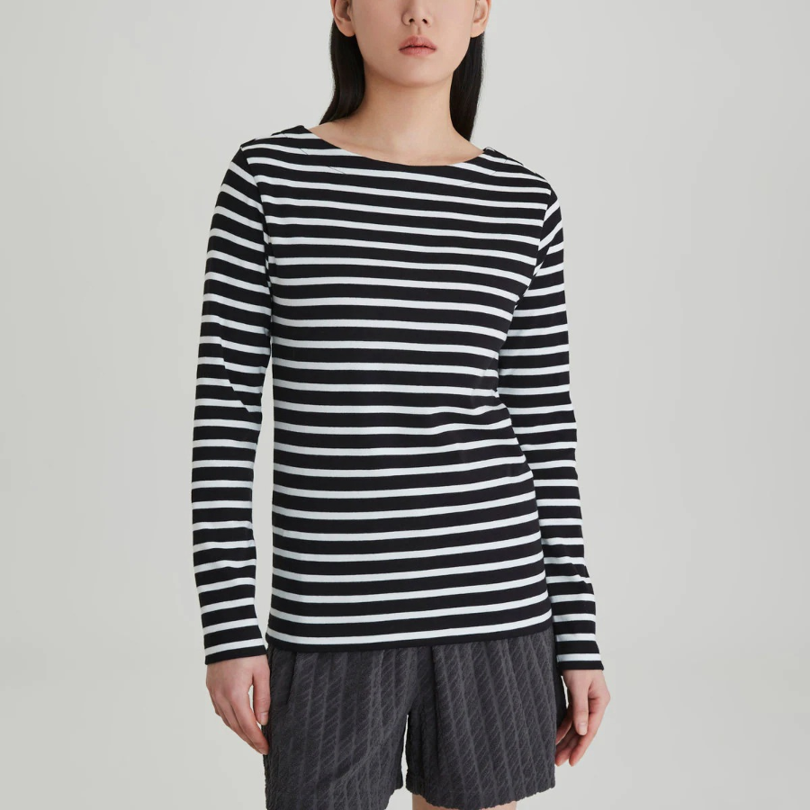 JAJU Boatneck Cotton Stretch Long Sleeve T-Shirt – Black