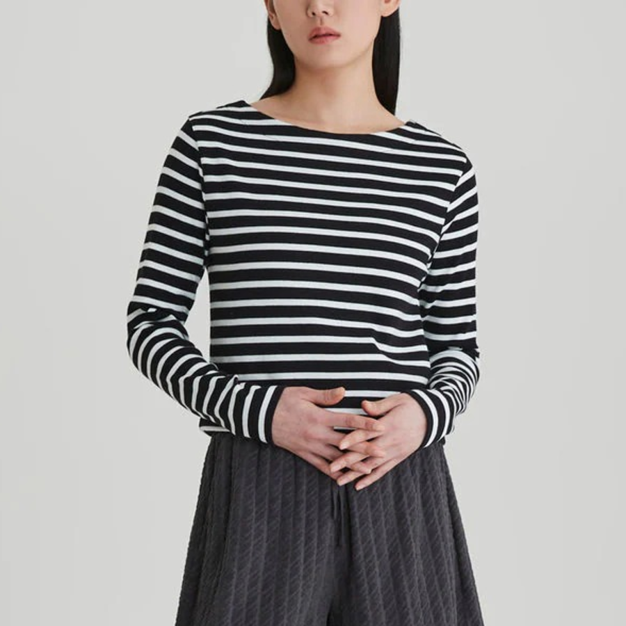 JAJU Boatneck Cotton Stretch Long Sleeve T-Shirt – Black