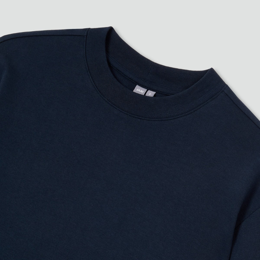 JAJU Cotton Mock Neck Short-Sleeve T-Shirt – Navy