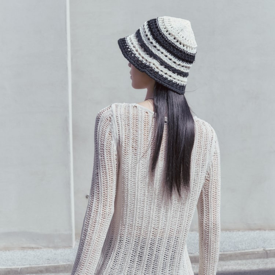 8 seconds Summer Knit Stripe Bucket Hat — Ivory