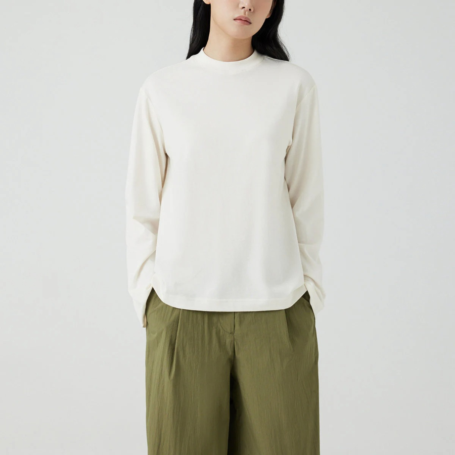 JAJU Cotton Mock Neck Long Sleeve T-Shirt – Ivory