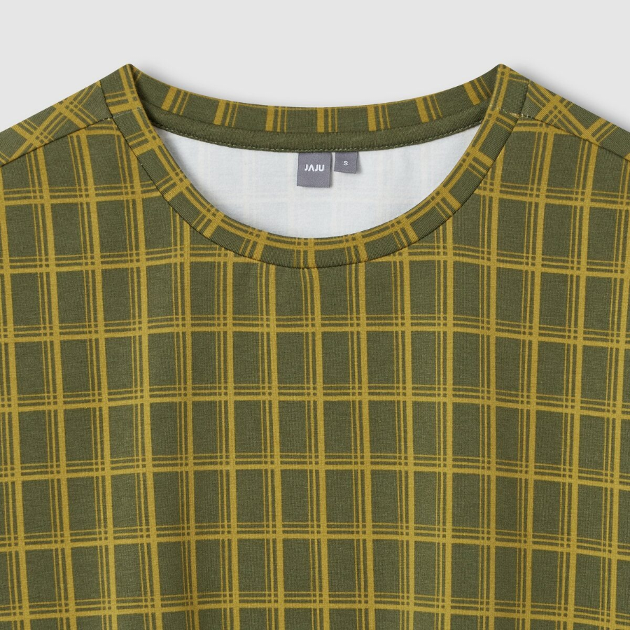 JAJU Check Crop Loose Fit T-Shirt – Dark Khaki