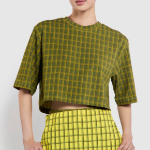 JAJU Check Crop Loose Fit T-Shirt – Dark Khaki