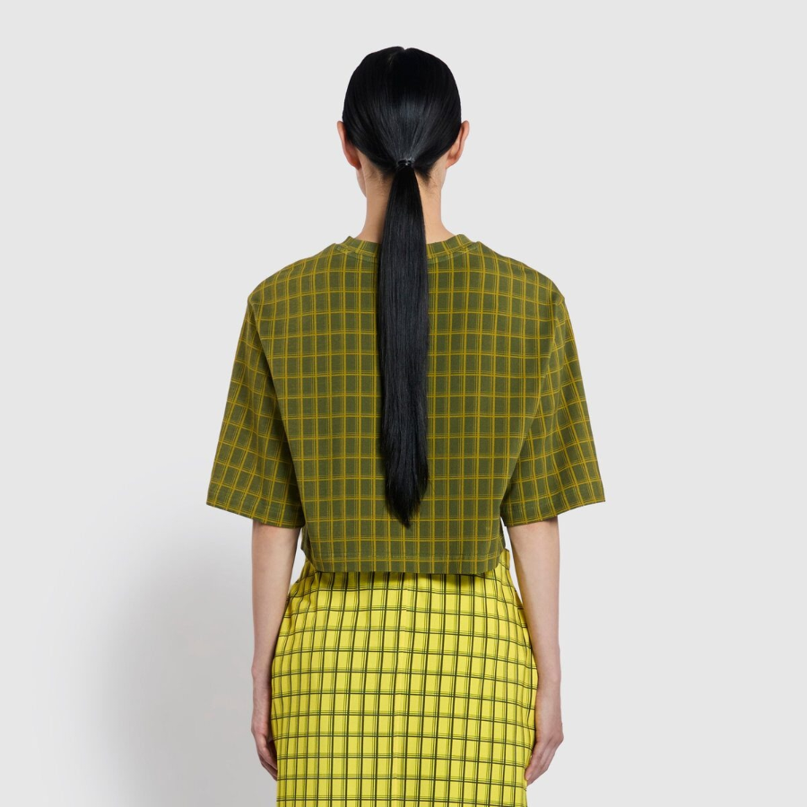 JAJU Check Crop Loose Fit T-Shirt – Dark Khaki