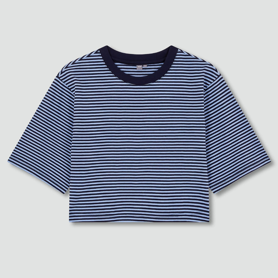 JAJU Cotton Stripe Half-Sleeve Crop T-Shirt – Blue