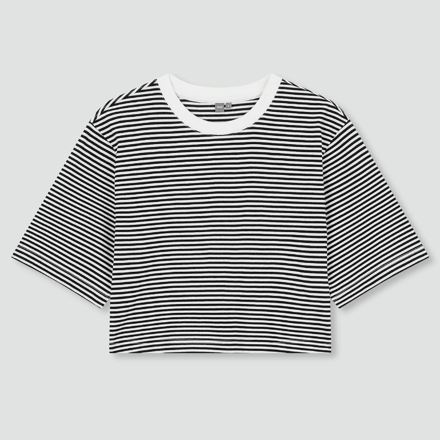 JAJU Cotton Stripe Half-Sleeve Crop T-Shirt – Black