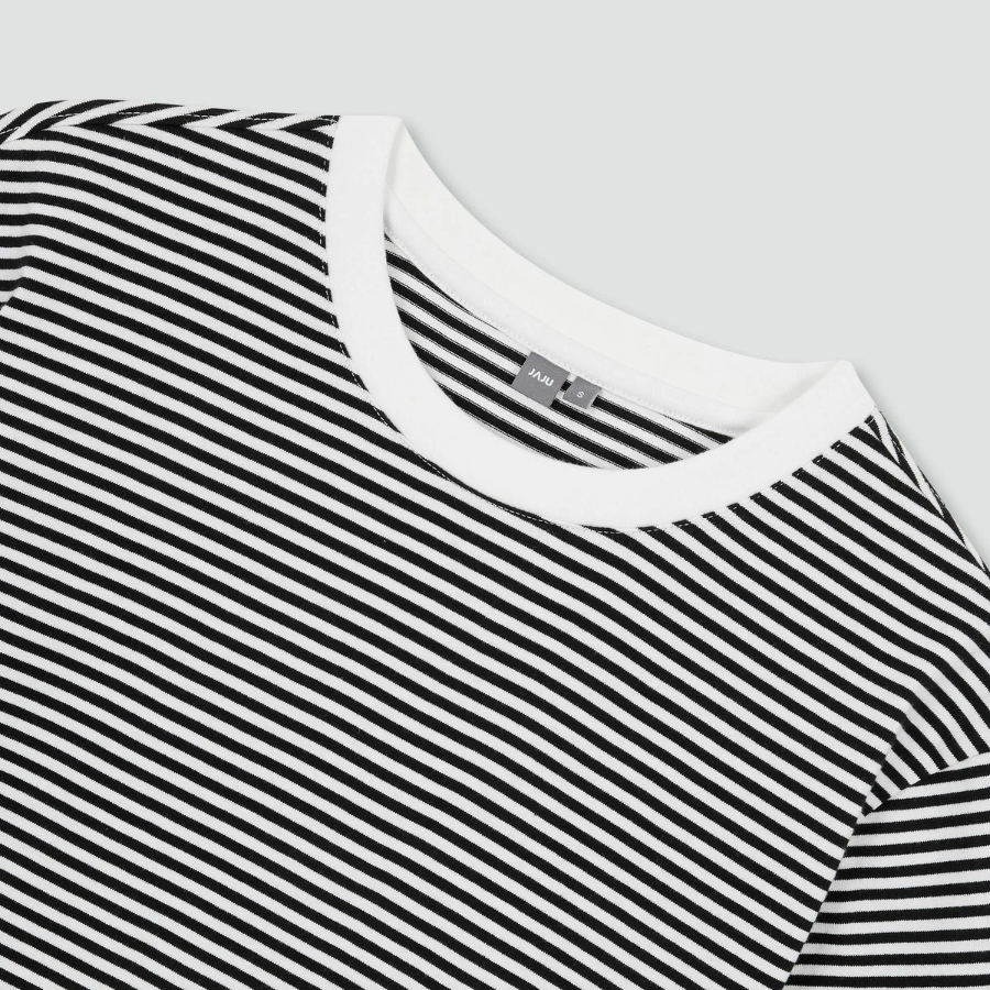 JAJU Cotton Stripe Half-Sleeve Crop T-Shirt – Black