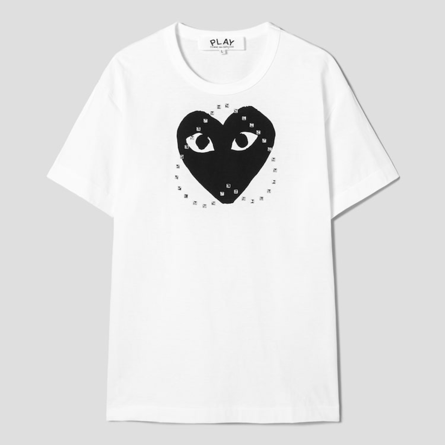 PLAY COMME des GARÇONS (Unisex) Black Heart Print Stud T-Shirt – White