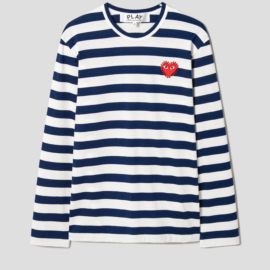 PLAY COMME des GARÇONS (Unisex) Red Heart Wappen Rhinestone Stripe Long Sleeve T-Shirt – Navy