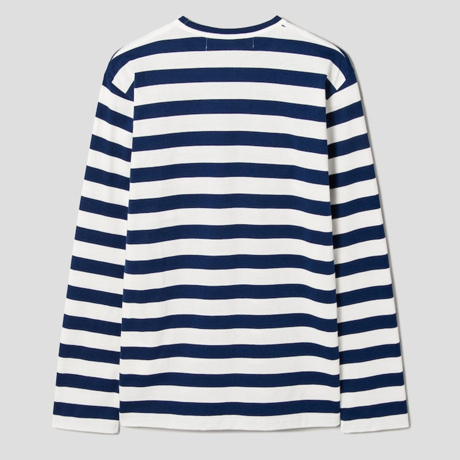 PLAY COMME des GARÇONS (Unisex) Red Heart Wappen Rhinestone Stripe Long Sleeve T-Shirt – Navy