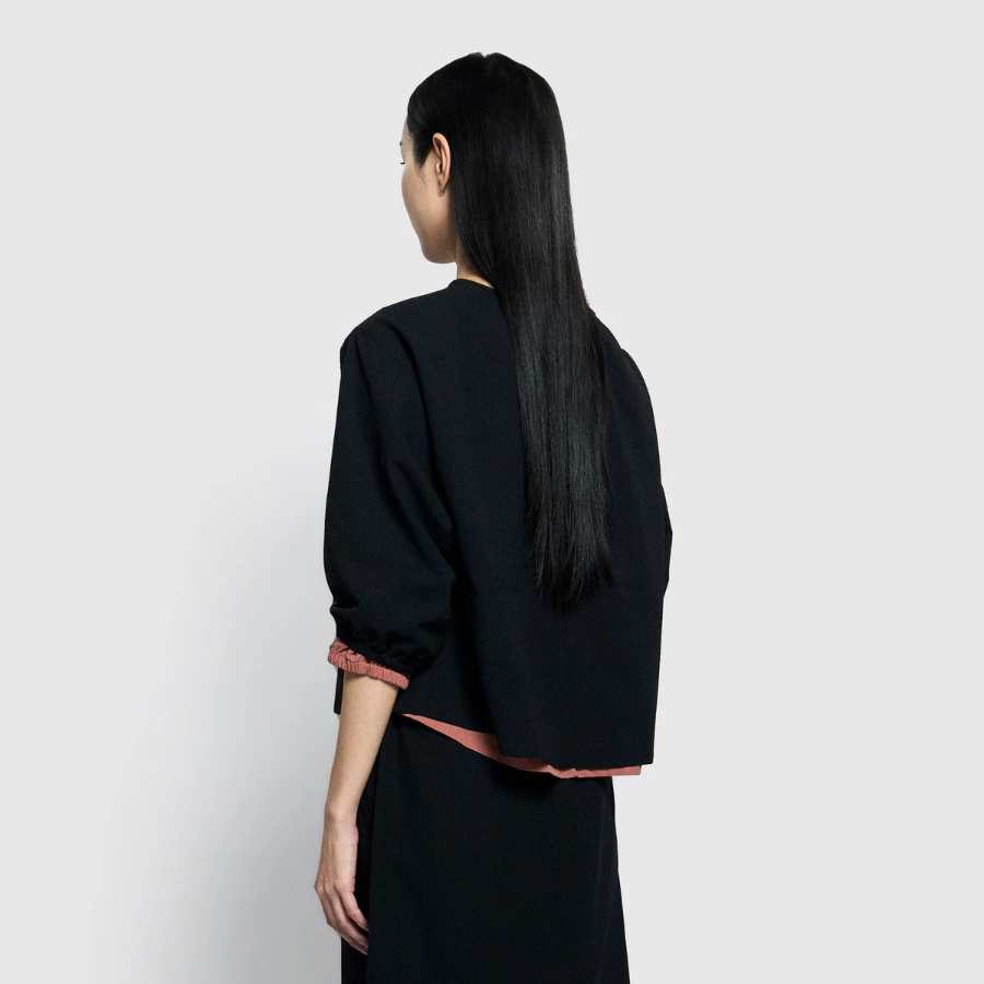 JAJU Seersucker 3/4 Sleeve Tunic Blouse – Black