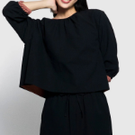 JAJU Seersucker 3/4 Sleeve Tunic Blouse – Black
