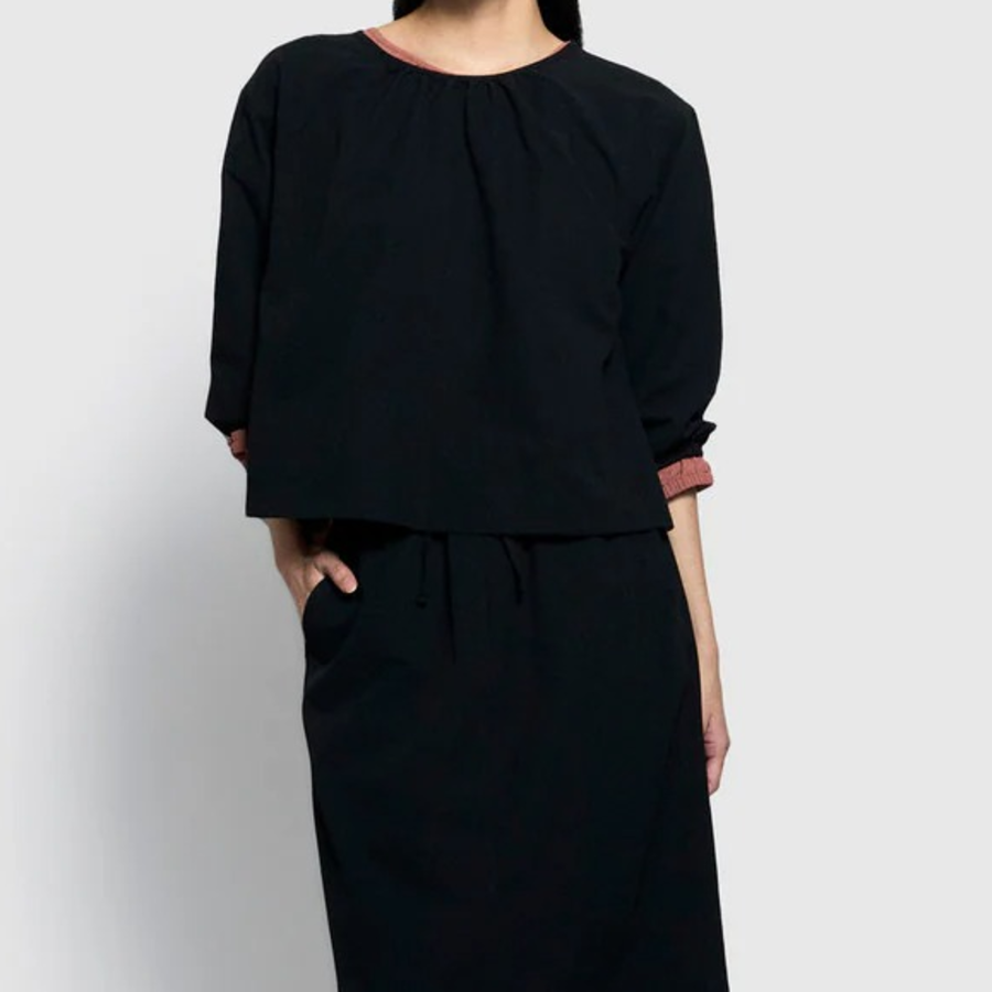 JAJU Seersucker 3/4 Sleeve Tunic Blouse – Black