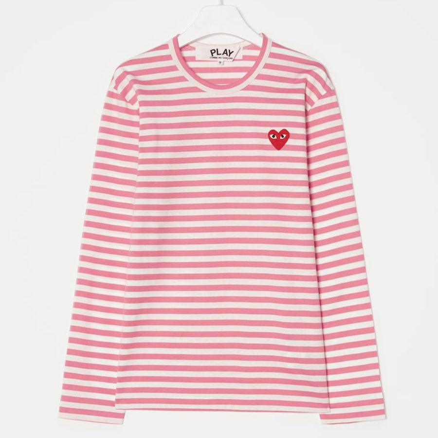PLAY COMME des GARÇONS (Unisex) Red Heart Wappen Striped T-Shirt – Pink/White