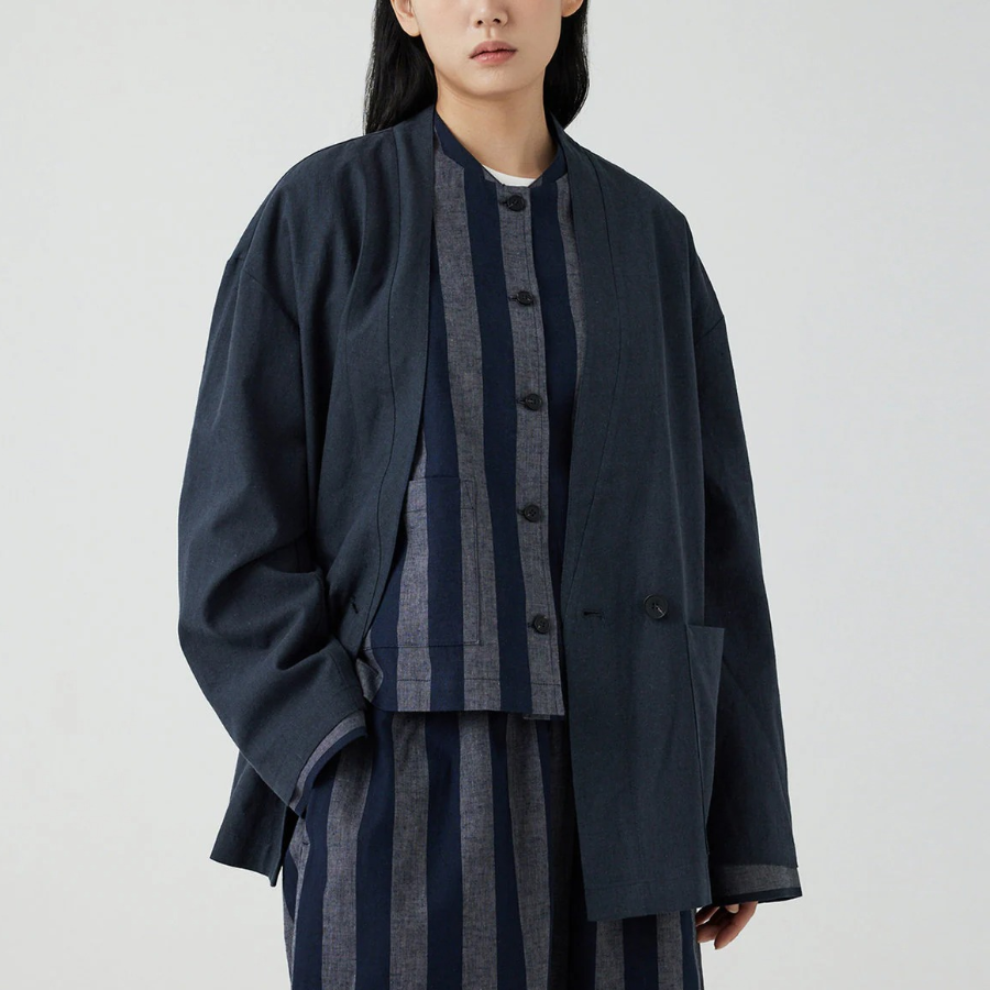 JAJU Loose Fit Robe-Style Pocket Shirt – Navy