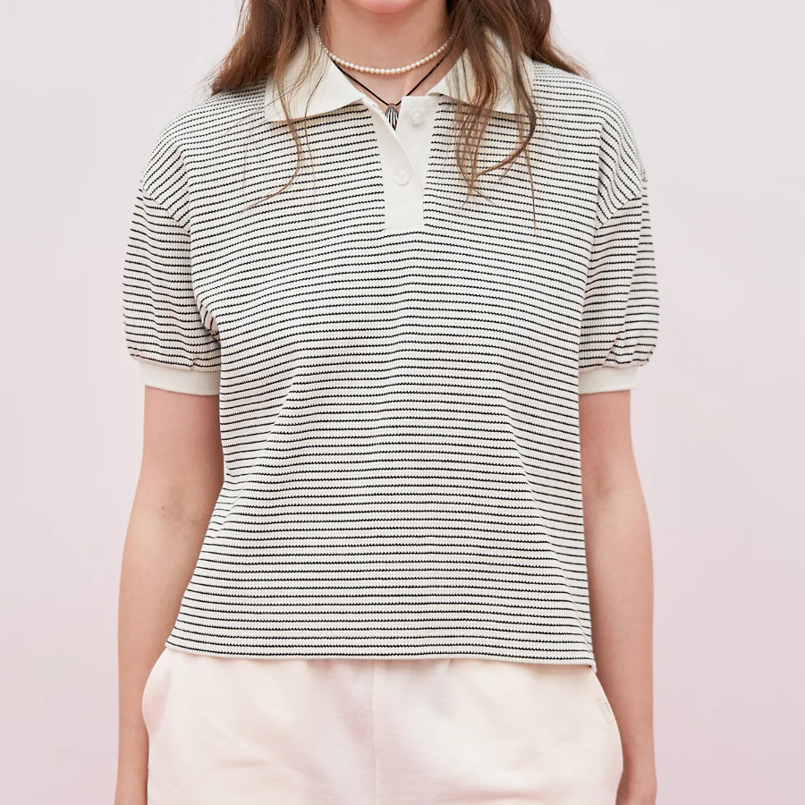 8 seconds Striped Short Sleeve Sweatshirt — Beige