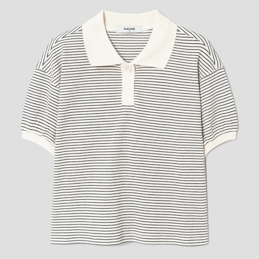 8 seconds Striped Short Sleeve Sweatshirt — Beige