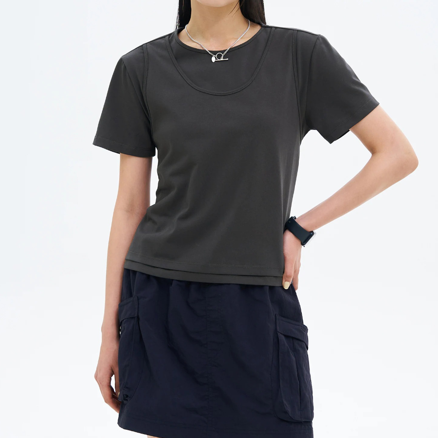 8 seconds Front Layered Short Sleeve T-shirt — Ash