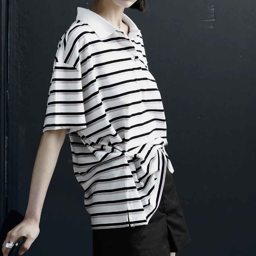 8 seconds Stripe Shirred Side Piqué T-shirt — White