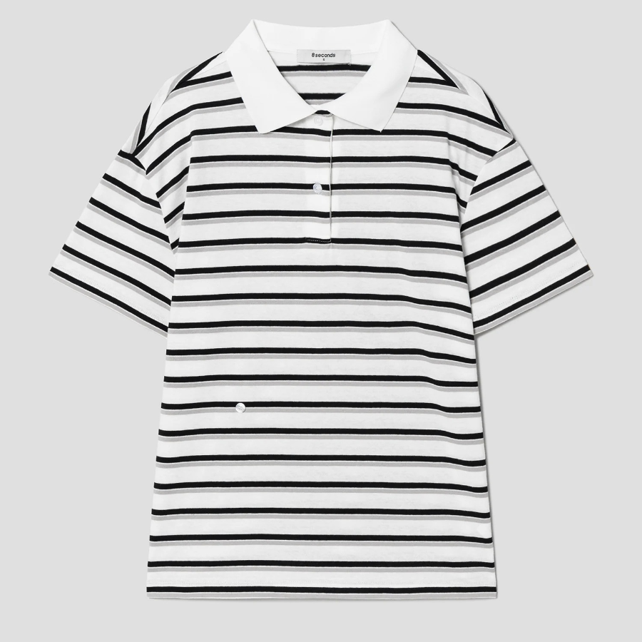 8 seconds Stripe Shirred Side Piqué T-shirt — White